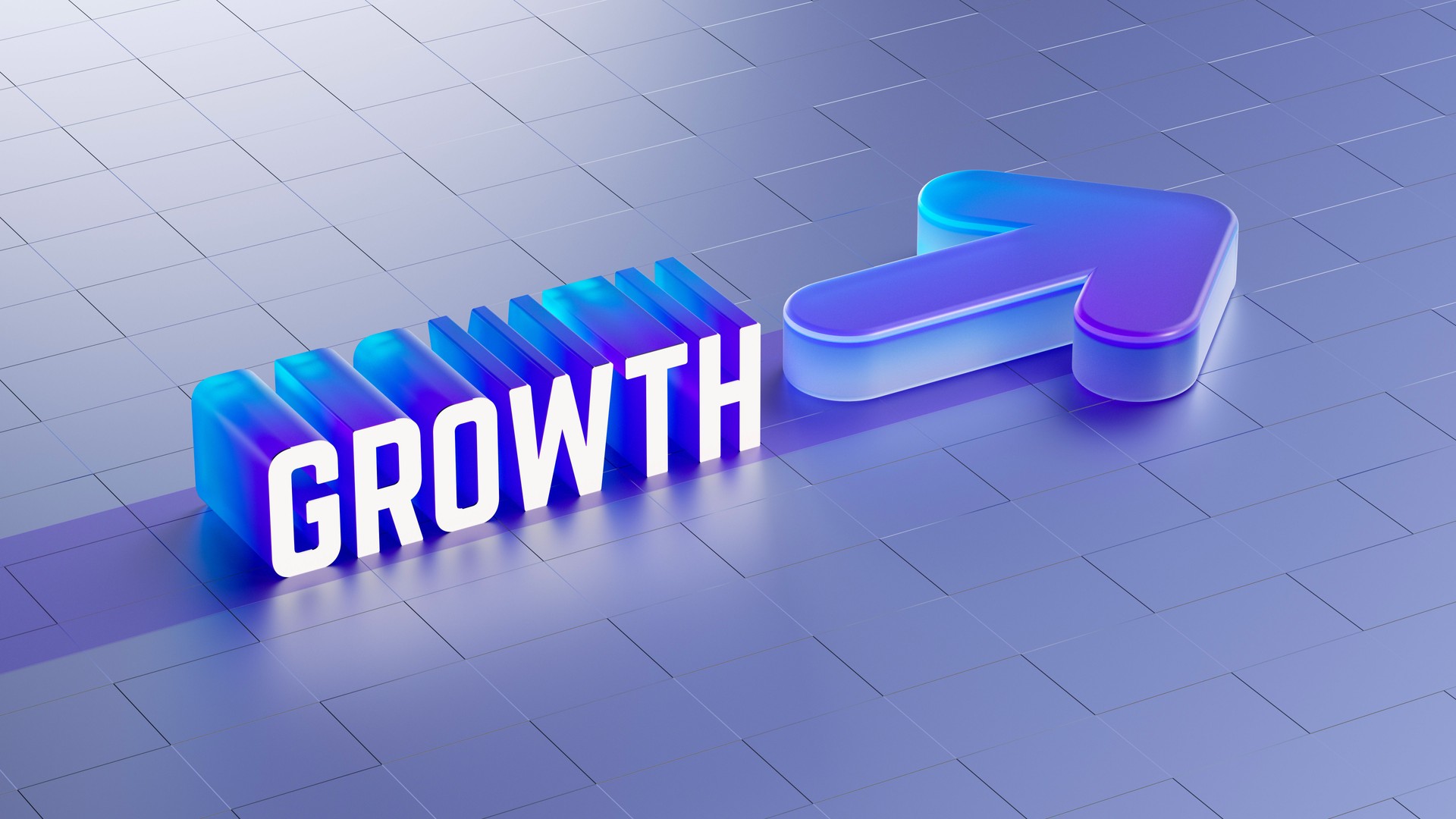 3D Rendered Futuristic Glass Arrow with GROWTH Banner on Metallic Surface